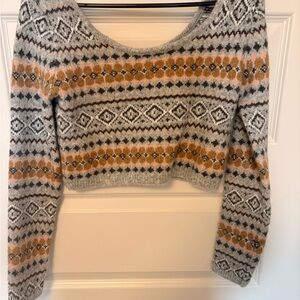 American Eagle Outfitters Crop Gray and Orange Patterned Sweater